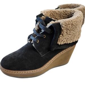 See by Chloe Women's Brasillia Suede/Shearling Wedge Black Bootie Sz 37.5/US 6.5